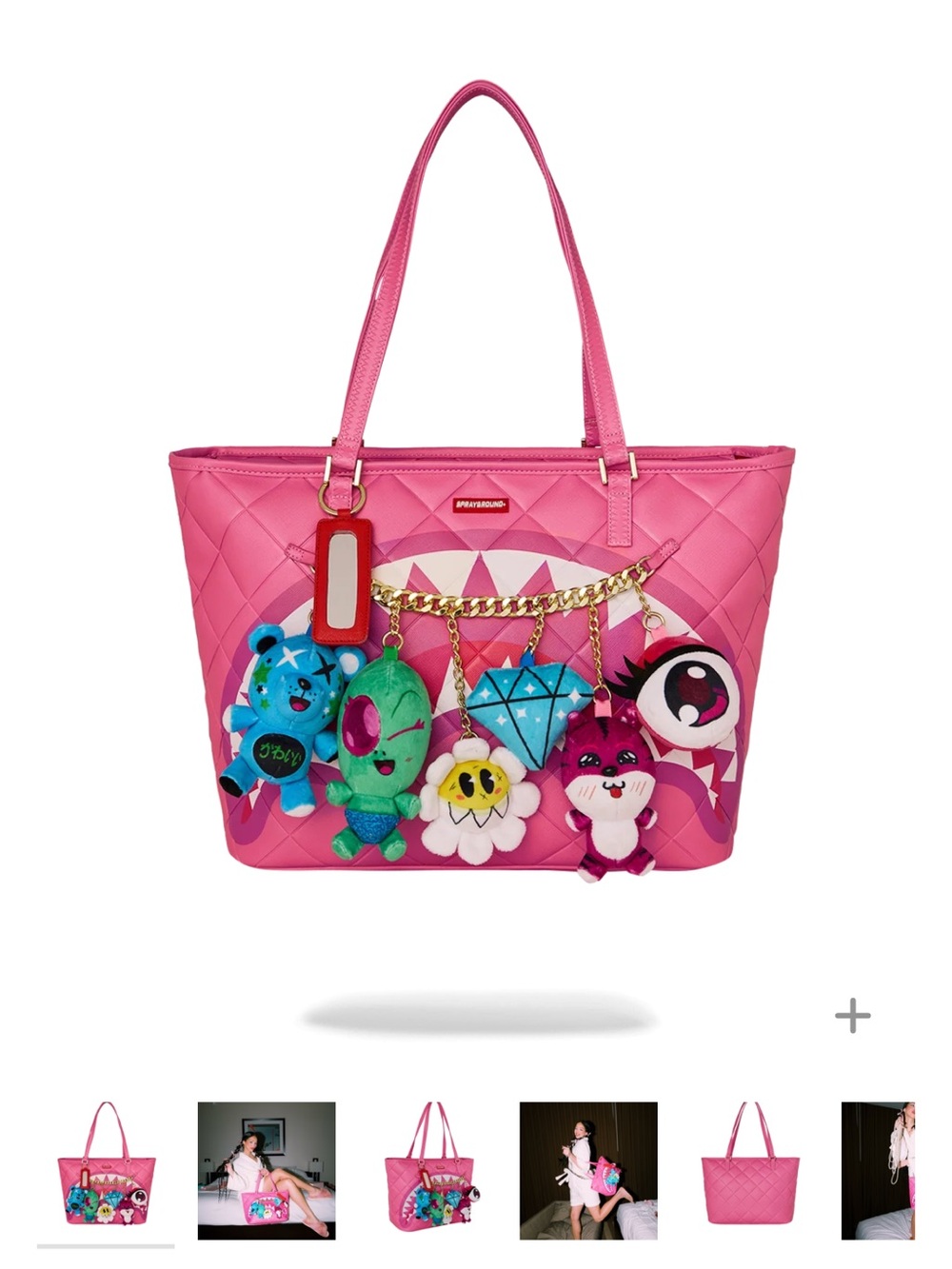 Sprayground Pink Quilted Tote with Character Charm Chain (FIRM PRICE)